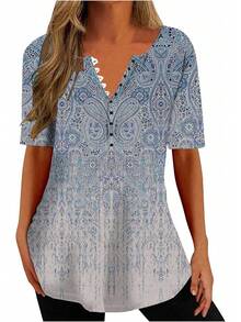 Ceboyel - Camisas Henley con estampado floral para mujer, cuello en V, sexy, casual, de manga corta, blusas elegantes para mujer - Blanco #25 - Ver 1
