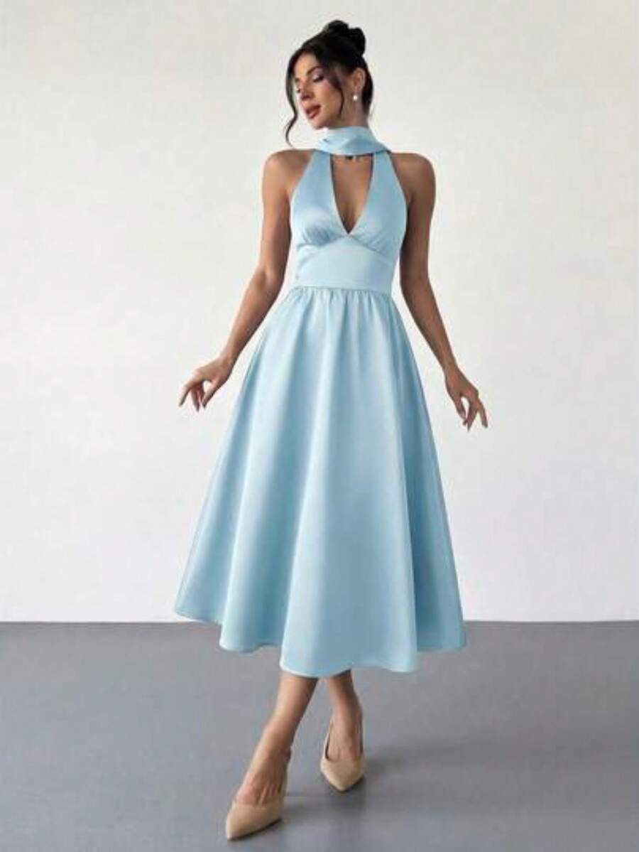 jianchaimaoyi02 Vestido midi con cuello en V retro, espalda descubierta y cintura con lazo, adecuado para el Día de San Valentín, conciertos, - Celeste - Ver 1