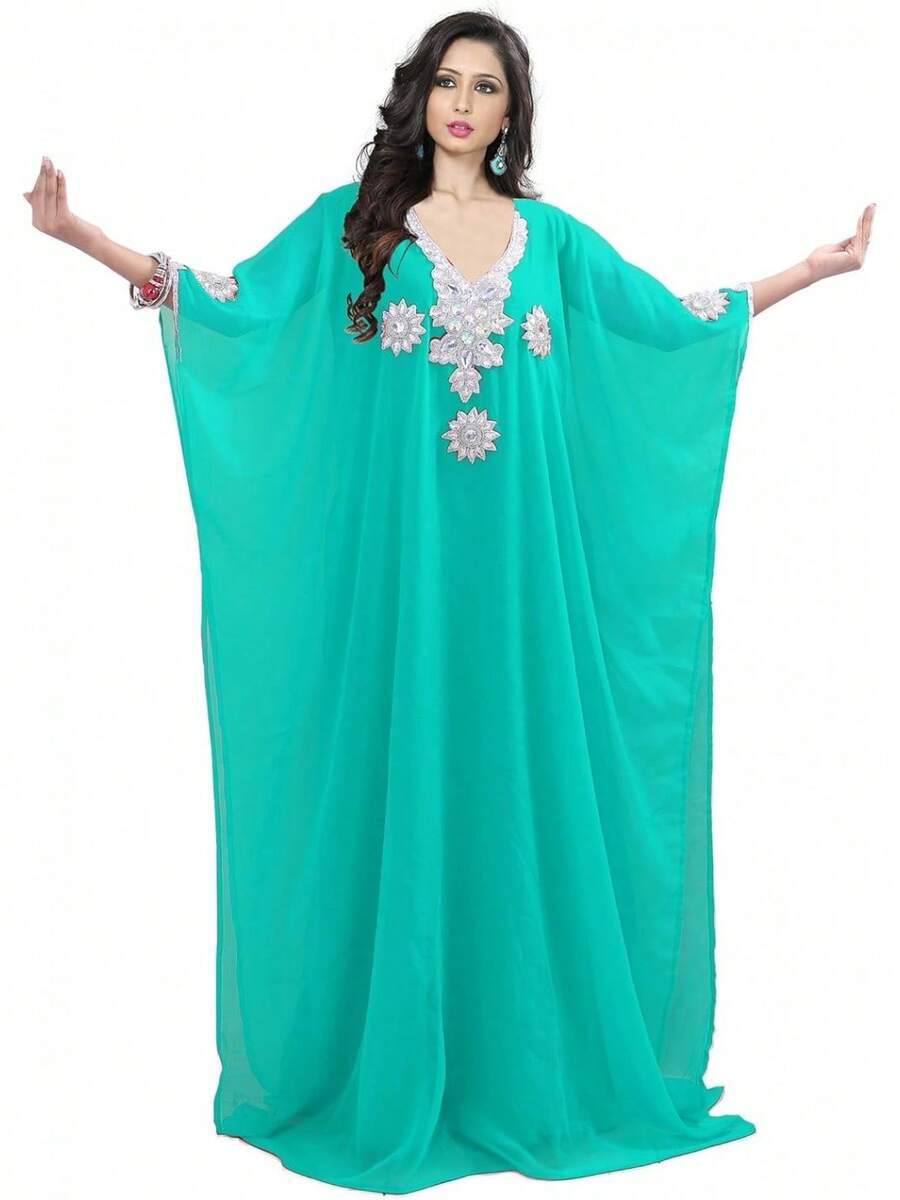 KoC - Vestido largo para mujer, estilo kaftán Farasha, Caftán, tipo kimono - Beis - Ver 1