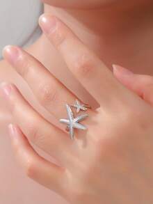 LIKGREAT 1pc Fashion Women's Stainless Steel Starfish Shell Open Ring, Unisex Minimalist Versatile Accessory, Niche Exquisite Daily Wear, Great Gift - Ocean Series - View 7