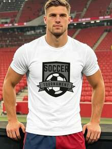 Camiseta gráfica para hombre con estampado de torneo de fútbol, algodón premium, corte holgado, transpirable, estilo casual, estampado artístico, nuevo lanzamiento. - Blanco - Ver 2