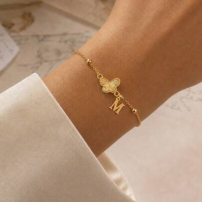 1pc Simple Cute Initial Butterfly Pendant Golden Stainless Steel Bead Chain Bracelets For Women