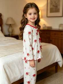 Set Piyama Lengan Panjang Anak Perempuan, Musim Semi, Gugur, dan Dingin, Motif Mawar Merah Klasik di Seluruh Permukaan, Pita Merah, Set Pakaian Santai 2 Potong - Merah - View 5