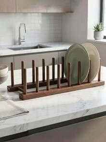 Multifunctional Dark Wood Plate Rack, Vertical Plate Storage Rack And Book Organizer, Countertop Storage Rack, Suitable For Plates, Bowls And Books, Space-Saving Display Rack, Suitable For Kitchen, Dining Area And Office - Multicolor - View 5