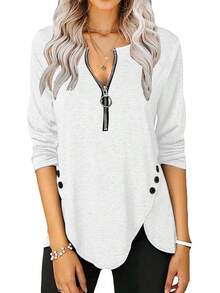 Fisoew - Blusa casual de manga larga para mujer, cuello redondo, botones laterales - x-azul marino. - Ver 13