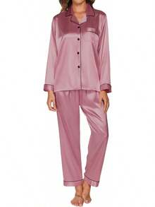 GAESHOW Conjunto de Pijamas de Mujer con Manga Larga de Satén Top Botones y Pantalones Pijama de Seda Ropa de Dormir - Rojo Vino Oscuro - Ver 10