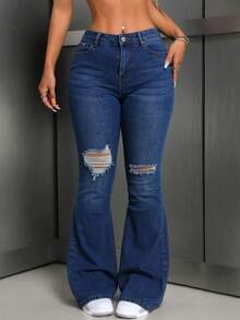Floor-Length, High-Waisted Flared Trousers With Rips At Both Knees, High Elasticity, Fitted, Retro Washed Finish, Flowing Silhouette - Medium Wash - View 3