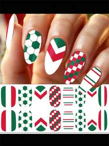 16Tips/Sheet Football Match Fans Nail Art Stickers Mexico Green White Red Heart Soccer Pattern Nail Wraps Full Cover Self-Adhesive Waterproof Sports Fans Slider - 彩色 - 查看 11