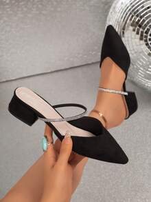 Spring/Summer New Women's Closed-Toe Half-Slingback Sandals, Chunky Mid-Heel Pointed Toe Rhinestone French Style Backless Outdoor Sandals - Black - View 1