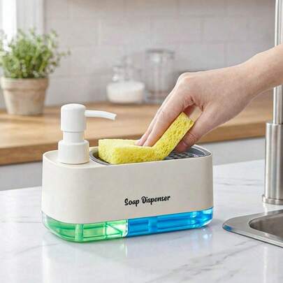 1pc Multifunctional Dish Soap Dispenser Set With Sponge Holder, Kitchen Bathroom Hand And Dish Soap Dispenser, Dual Soap Dispenser For Kitchen Sink With Tray, 3-In-1 Organizer For Kitchen Sink Countertop, Bathroom Accessories