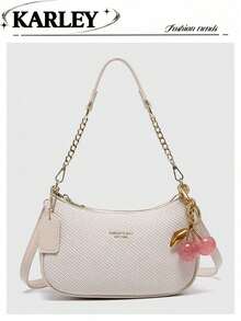 Bolso de hombro/axila de piel sintética de unicolor con diseño gráfico de letra, versátil y de moda clásica 2025, bolso de hombro/axila Y2K, adecuado para compras, se puede usar como bandole - Blanco - Ver 1