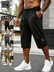 3 piezas Pantalones cortos de verano de 3/4 de largo para hombre talla grande, pantalones casuales con cintura elástica y cordón, pantalones deportivos con bolsillo con cremallera, adecuados para correr y fitness - Multicolor - Ver 4