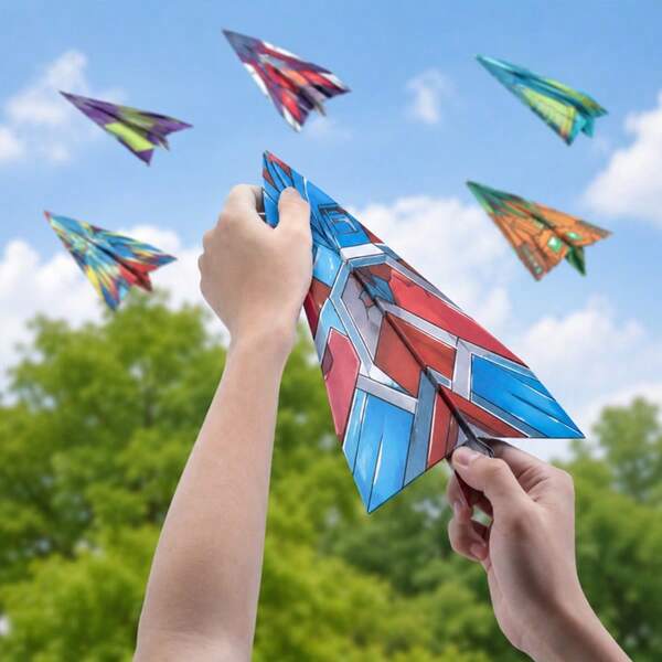 Kids Paper Airplane Launcher Toy, Boys Outdoor Flying Game, Party Favor, Lawn Toy, Foam Paper Airplane Set, Hand-Thrown Glider, Suitable For Backyard, Park, Travel Outdoor Toy, Birthday Gift