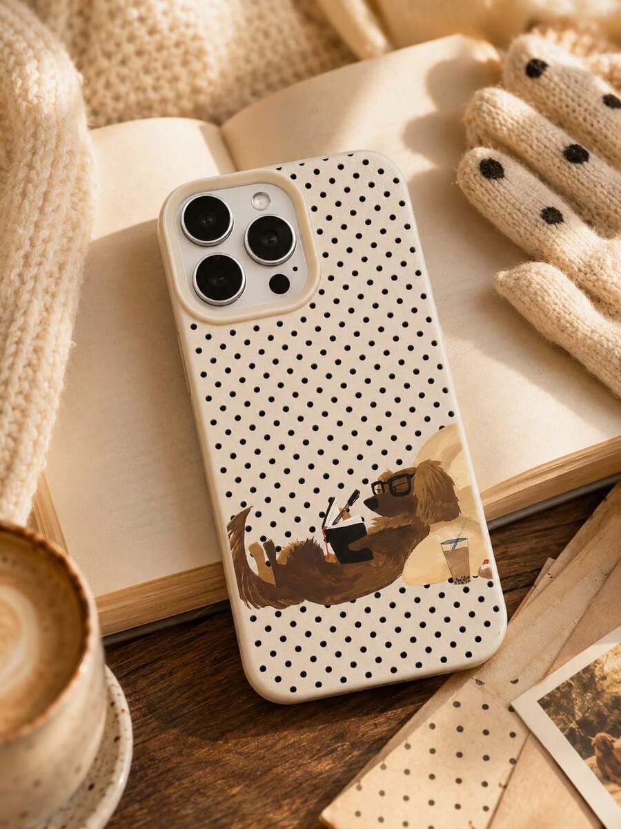 Polka Dot Dog Illustration Phone Case, Cartoon Dog Wearing Glasses And Holding A Book, Blending Vintage Artistic And Cute Lifestyle Aesthetics. Compatible With IPhone 17/16/15/14/13 Pro Max And More Models, Full-Coverage Shockproof Soft Silicone Material, Thickened Edge Cushioning, High-Definition Printed Backplate, Wear-Resistant And Scratch-Resistant. - Multicolor - View 1