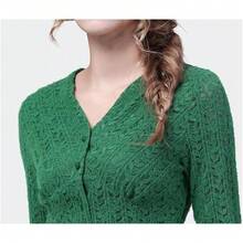 Blusas de manga larga con cuello en V para mujer, de encaje elástico, camisa de punto, entallada, estilo casual - En8 - Ver 5