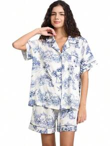 YiNi LuLu - Conjunto de pijama de satén de seda para mujer, 2 piezas, pijama de manga corta, de gran tamaño, con bolsillos - Vida pastoral - Ver 9
