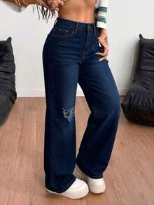 Light Blue Washed Straight-Leg Denim Trousers With Rips, Mid-Rise Waist, Elasticated And With An Elegant Drape - Dark Blue - View 6