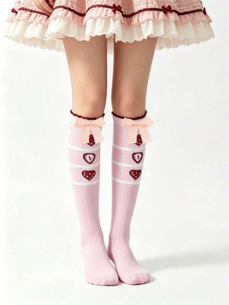 1 Pair Pink Cute Sweet Lolita Soft Girl Double Bow Strawberry Socks - Multicolor - View 8