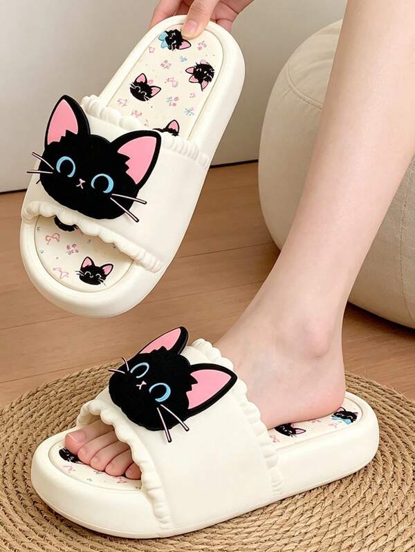 Dép lê nữ đế dày mũi tròn PVC phong cách Kitten đen ngọt ngào & cá tính, dép đôi ngọt ngào, dùng hàng ngày tại nhà, đi mưa, đi biển, ngoài trời, sandal xỏ chân casual bốn mùa