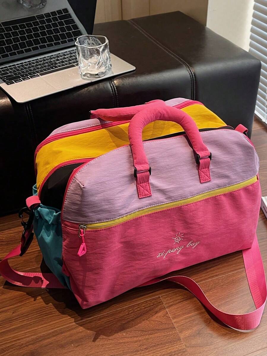 Nueva bolsa de viaje multifuncional, versátil, de gran capacidad, elegante, minimalista y cómoda con bloques de color de letra de dopamina - Rojo - Ver 1