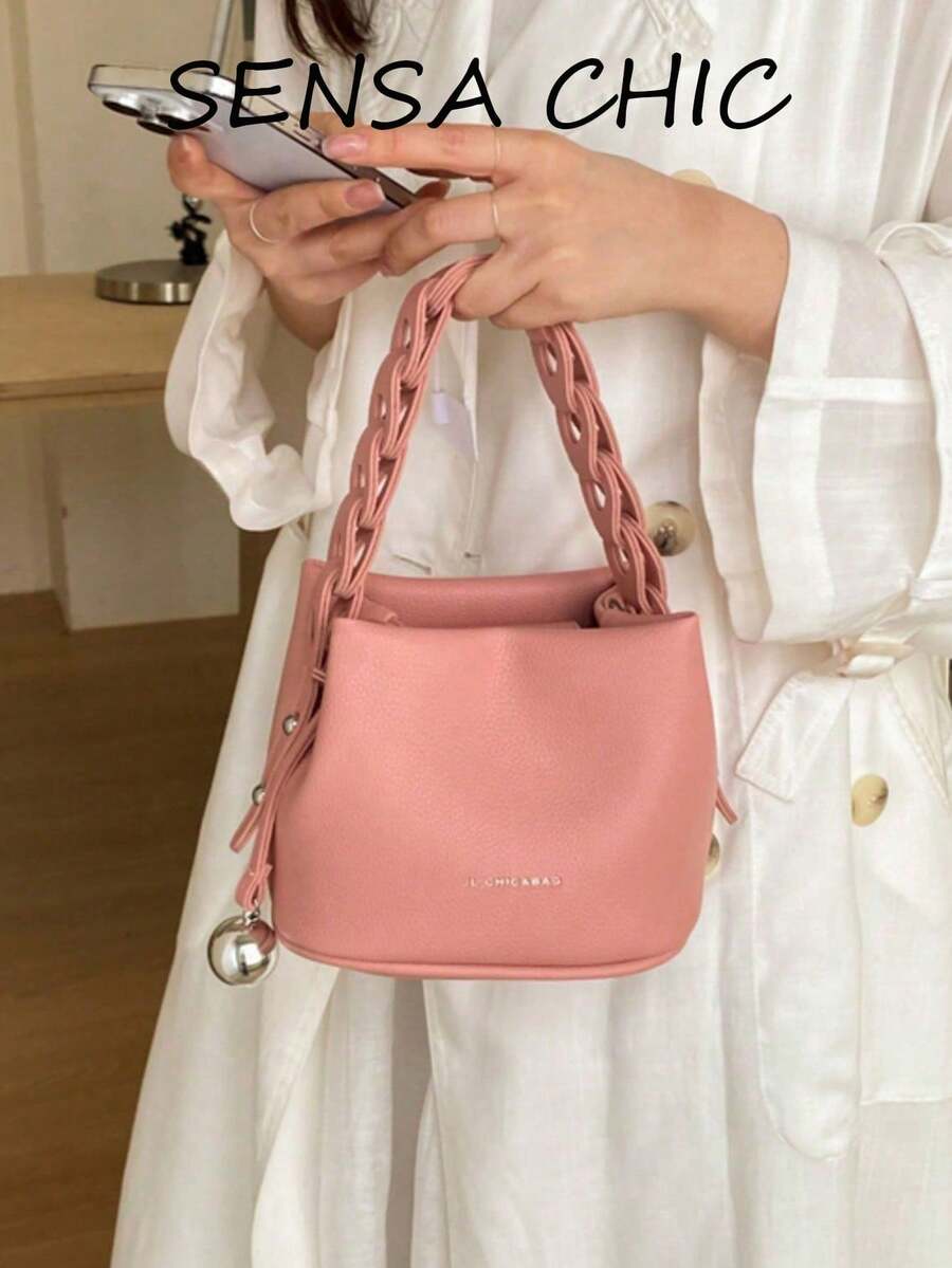 Portable Square Bag Made Of Waterproof PU Material With A Letter Pattern Design, Decorated With A Metal Pendant; A Stylish And Practical Handbag, Suitable For Business And Travel. - Beige - View 1