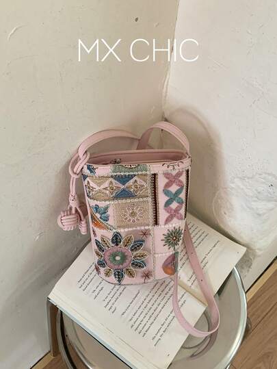 1pc Women's Lace Jacquard Chinese Style Bucket Bag, Fashionable Summer Beach Vacation Shoulder Crossbody Bag, Suitable For Commuting, Shopping, Vacation