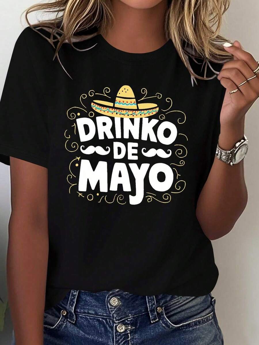 NEW Women's Wide Brim Hat With Mexican Design And Daisy Design Shirt - 100% Comfortable Fit, Summer Y2K Blouse, Graduation Season Beachwear Women's Clothing - 黑色 - 查看 1