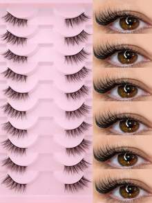 10 Pairs Half-Eye Dense Curly Soft Black Stem Natural Fluffy Faux Mink Eyelashes, Eye-Tail Lengthening, Lightweight Comfortable One-Piece False Eyelashes For Beginners - View 3