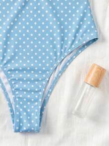 Spring/Summer New Blue White Yellow Polka Dot Elegant Casual Beach Vacation Party Date One-Piece Swimsuit - Multicolor - View 6