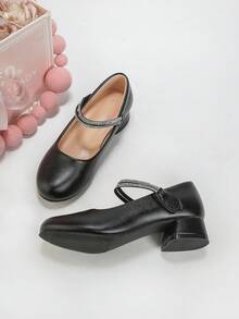 女童 30-37 號水鑽飾帶一腳蹬粗跟高跟鞋,通勤時尚優雅百搭,派對宴會風純色公主鞋 - 黑色 - 查看 6
