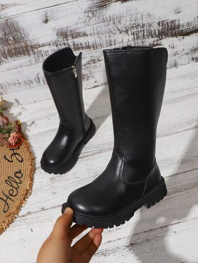 1 Pair Girls' Beige Lace Pearl Thick Sole Boots, Glossy PU Fabric + Lace Pearl Bow Decor, Side Zipper Lace-Up Non-Slip Thick Tooth Sole, Sweet Princess Style, Suitable For Daily Casual School Party Performance Vacation Autumn/Winter New 2026