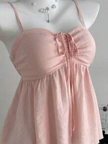 Camiseta de tirantes con volantes de unicolor lindo para damas, ropa de verano para la universidad - Albaricoque - Ver 8
