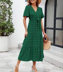 COLIZAMX Vestido Largo para Mujer de Verano con Cuello en V Vestido Elegante de Sólido Manga Corta - Verde oscuro - Ver 2