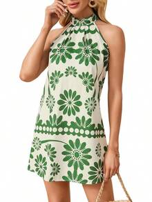 - Vestido corto sin mangas con estampado floral para mujer, cuello halter, línea A - rosado y anaranjado - Ver 31