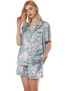 YiNi LuLu - Conjunto de pijama de satén de seda para mujer, 2 piezas, pijama de manga corta, de gran tamaño, con bolsillos - Vida pastoral - Ver 1
