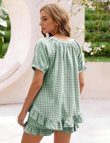 Flygo - Conjunto de pijama de cuadros para mujer, 2 piezas, de algodón, manga abombada, con volantes, conjunto de pijama de verano - Naranja china - Ver 3