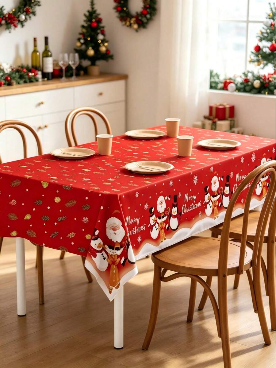 1pc Christmas Tablecloth, Snowman Merry Christmas Tablecloth, Santa Claus, Penguin Design, 220*130cm Disposable PE Tablecloth, Christmas Party Supplies, Christmas Decoration, Christmas Decor, Noel Decoration, Navidad Decoration, Christmas Home Decor, Christmas Gift, Christmas Kitchen Supplies, Dining Table Decoration, Winter Decoration, Christmas Party Gift, Family Gathering Supplies, Holiday Accessories - Multicolor - View 1