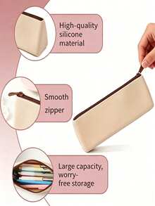 4/1 pieza Estuche de lápices de silicona suave estilo coreano, diseño de unicolor multitono, gran capacidad con diseño de múltiples compartimentos, adecuado para adultos, uso escolar diario y almacenamiento de cosméticos, bolsa de papelería portátil, bolsa de almacenamiento multifuncional para lápices de maquillaje, temporada de regreso a la escuela - Conjuntos - Ver 7