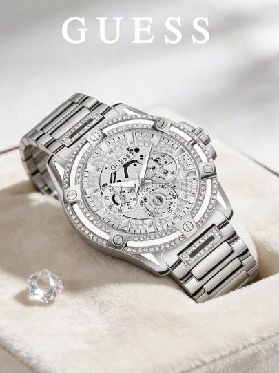 Guess King Men's Multi-Function Quartz Watch, 48mm Silver Stainless Steel Skeleton Crystal Case, Silver Glitter Dial, Silver Steel Bracelet GW0497G1