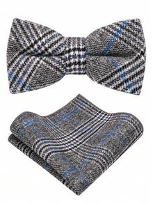 1 Set Men's Vintage Tweed Plaid Bow Tie And Pocket Square Set, Suitable For Wedding, Business, Party Suit Styling - Khaki - View 8