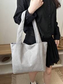 Bolso de hombro tipo tote de pana de color liso - Gris - Ver 4
