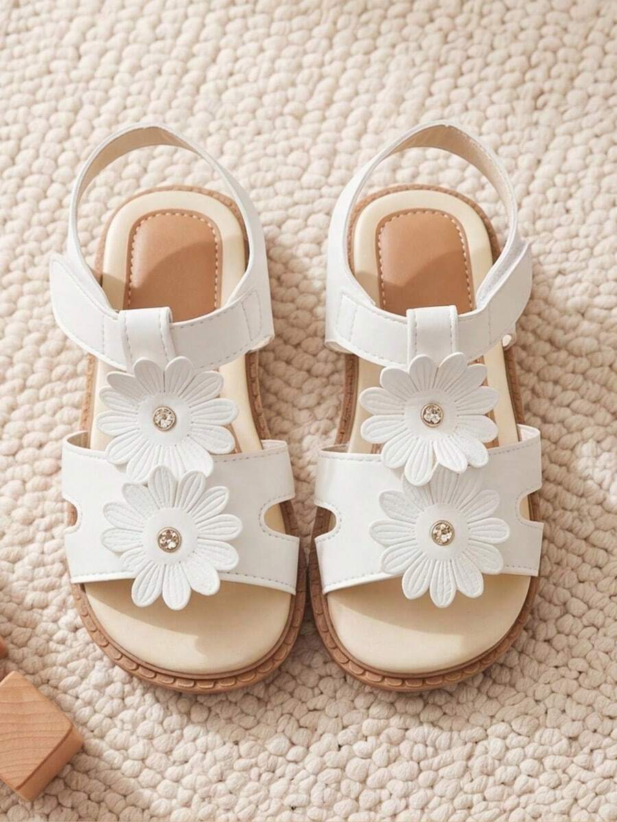 Hot New 3-12 Years Girls White Sandals 3D White Daisy + Rhinestone + Hook & Loop Transparent Energetic Style - White - View 1