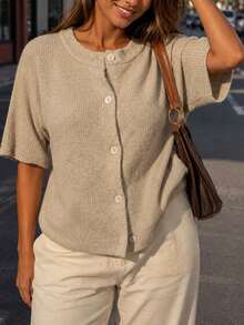 Women's Casual Vacation Fashion Versatile Solid Color Loose Round Neck Short Sleeve Button Cardigan Sweater, Suitable For Spring And Autumn - Camel - View 4