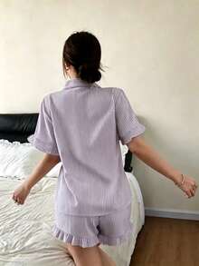 Dreamivo Fresh Striped Short Women's Pajama Set - Short Sleeve Button Collar Top And Pants, Soft Satin Pajamas, Machine Washable, Wearable Outdoors - Mauve Purple - View 2