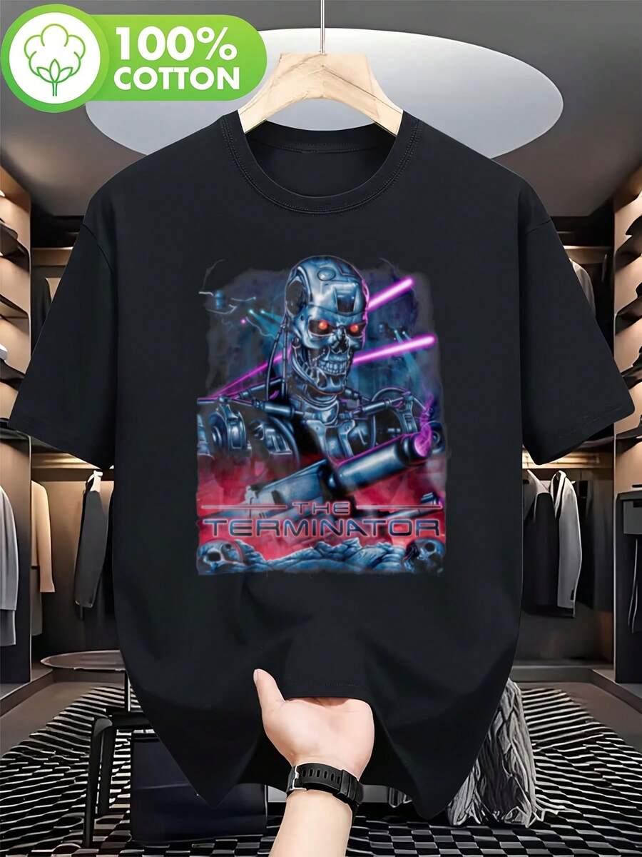 Camiseta de Anime Cyberpunk Terminator - Camiseta Unisex con Estampado Gráfico de Terminator, Cuello Redondo, Camiseta Casual Adecuada para Uso Durante Todo el Año, Lavable a Máquina, Regalo - Negro - Ver 1