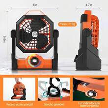 portatil recargable,Ventiladores de mesa,Abanico Camping Recargable con Linterna LED y Gancho,7800 mAh,pivote de 270 ° ,ruido bajo, velocidad continua,para acampar, viajes, hogar, oficina - naranja - Ver 7