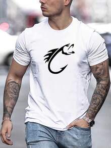 Camiseta corta de verano para hombre con cuello redondo y estampado de peces - Blanco - Ver 1