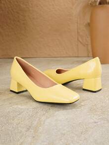 2026 New Yellow Square Toe Chunky Heel 4.5cm Low Vamp Pumps Women's New Minimalist Commuter Mid-Heel Shoes Daily Versatile Low-Top Elegant Formal High Heels - Yellow - View 9