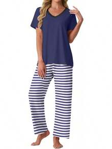 PrinStory - Conjunto de pijama suave de 2 piezas para mujer, conjunto de pijama casual de manga corta con bolsillos - Cuadros marrones y blancos - Ver 21