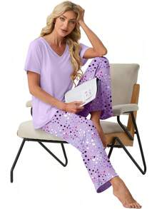 PrinStory - Conjunto de pijama suave de 2 piezas para mujer, conjunto de pijama casual de manga corta con bolsillos - Rayas cian - Ver 4